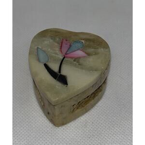 Vintage Soapstone Heart Trinket/Jewelry/Ring Box Inlaid Flower Design Small 2"